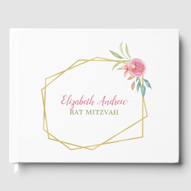 Elegant Navy Blue Floral Bat Mitzvah Guest Book (Front)