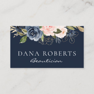 Elegant navy blue floral beautician business card