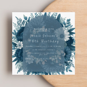 Elegant navy blue floral birthday invitation