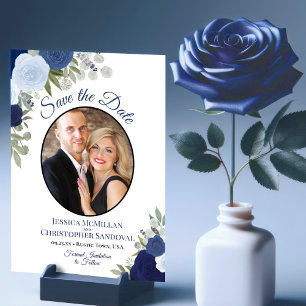 Elegant Navy Blue Floral Boho Chic Wedding Photo Save The Date