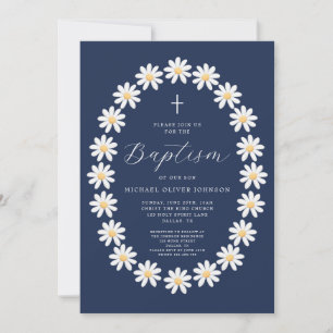 Elegant Navy Blue Floral Boy Baptism Invitation
