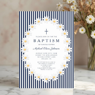 Elegant Navy Blue Floral Boy Baptism Invitation