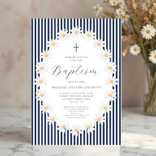 Elegant Navy Blue Floral Boy Baptism Invitation