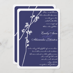 Elegant Navy Blue Floral Branch Wedding Invitation