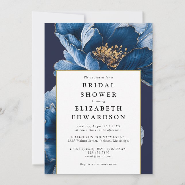Elegant Navy Blue Floral Chic Bridal Shower Invitation (Front)