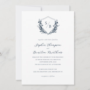 Elegant Navy Blue Floral Crest Monogram Wedding Invitation