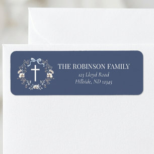 Elegant Navy Blue Floral Cross Baptism