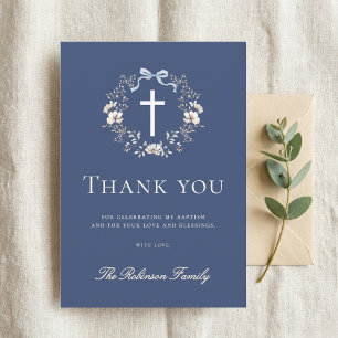 Elegant Navy Blue Floral Cross Baptism Thank You Card