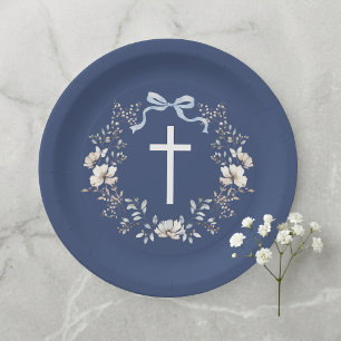 Elegant Navy Blue Floral Cross Paper Plate