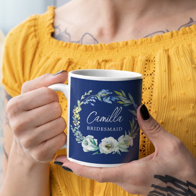 Elegant Navy Blue Floral Custom Bridesmaid Gift Coffee Mug (Creator Uploaded)