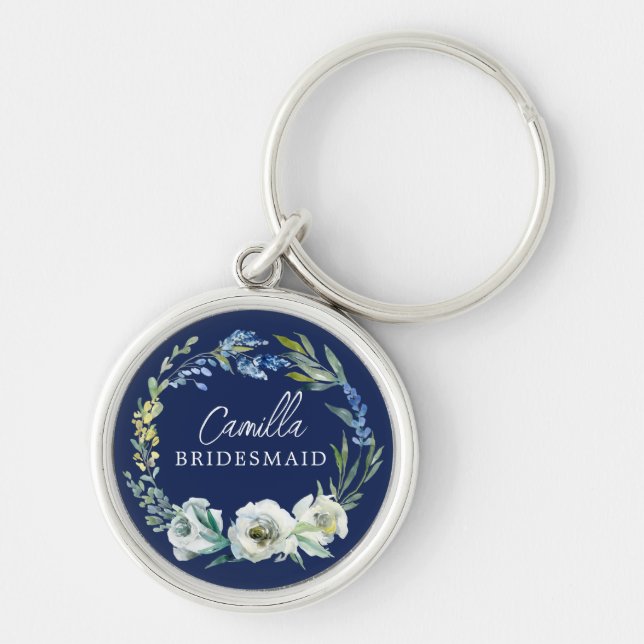 Elegant Navy Blue Floral Custom Bridesmaid Gift Key Ring (Front)