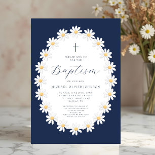 Elegant Navy Blue Floral Daisies Boy Baptism Invitation