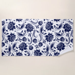 Elegant navy-blue floral damask pattern beach towel