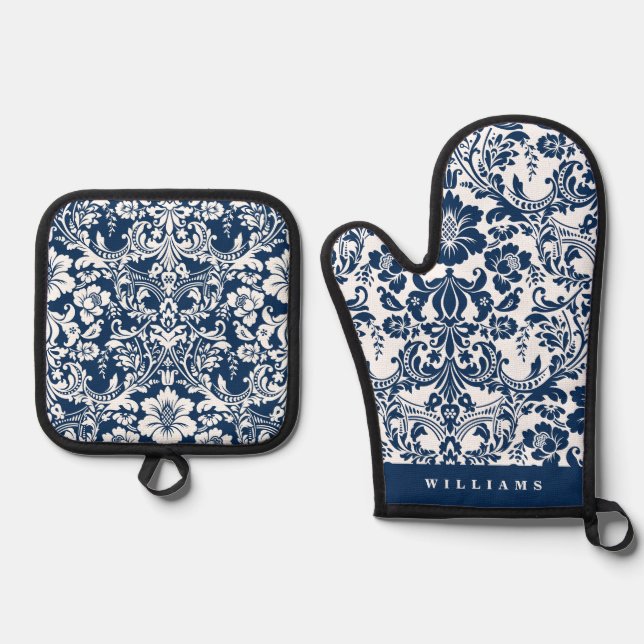 Elegant Navy Blue Floral Damask Pattern Oven Mitt & Pot Holder Set (Front)