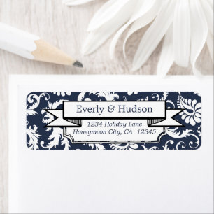 Elegant Navy Blue Floral Damask Return Address