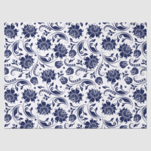 Elegant Navy Blue Floral Damasks White Background Tissue Paper