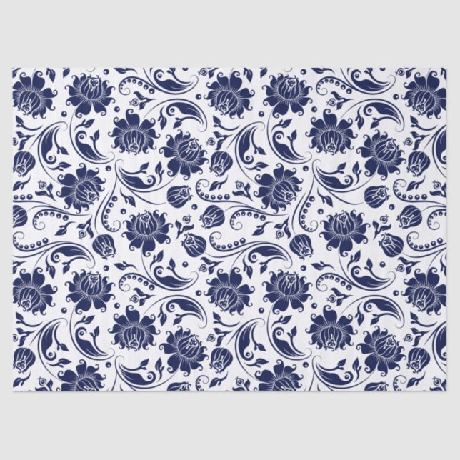Elegant Navy Blue Floral Damasks White Background Tissue Paper (Front)