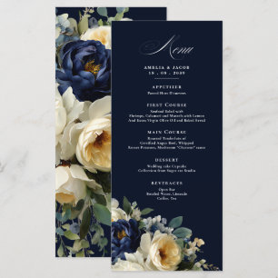 Elegant Navy Blue Floral Details Menu Wedding