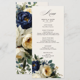 Elegant Navy Blue Floral Details Menu Wedding
