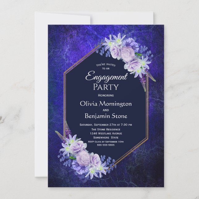 Elegant Navy Blue Floral Engagement Party Invitation (Front)
