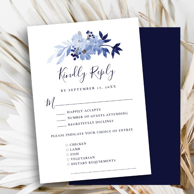 Elegant Navy Blue Floral Foliage Modern Wedding RSVP Card (Creator Uploaded)