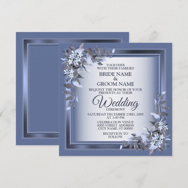 Elegant Navy Blue Floral Framed Silver Wedding Invitation (Front/Back)