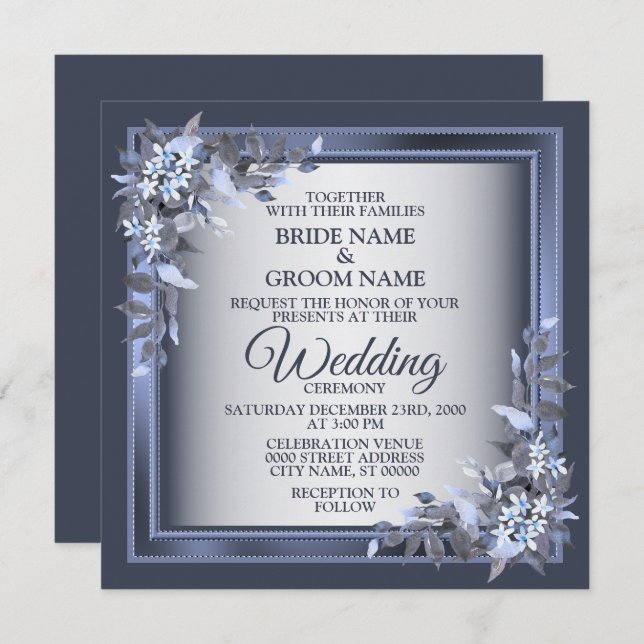 Elegant Navy Blue Floral Framed Silver Wedding Invitation (Front/Back)