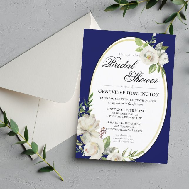 Elegant Navy Blue Floral Gold Bridal Shower Invitation (Elegant Blue White Rose Bridal Shower Invitation
)