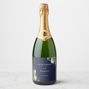 Elegant Navy Blue Floral Greenery Wedding Sparkling Wine Label