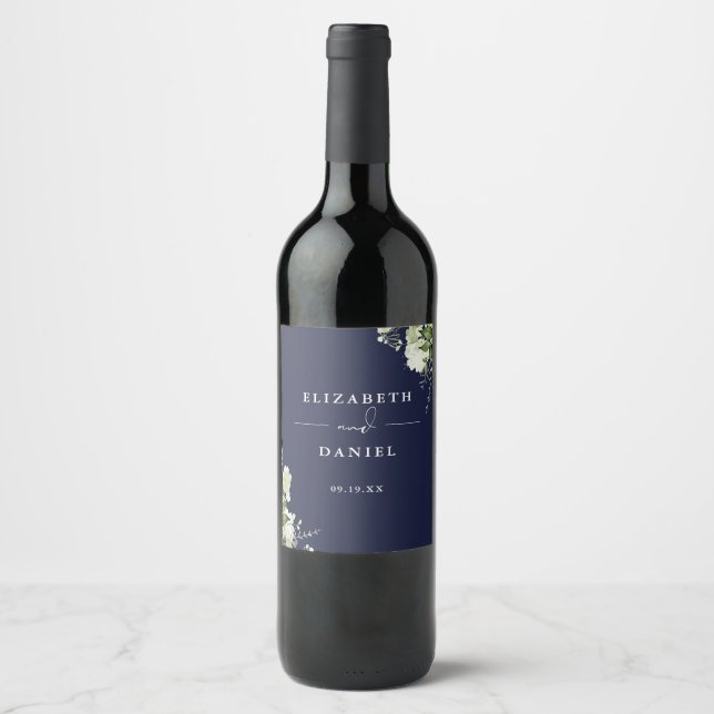 Elegant Navy Blue Floral Greenery Wedding Wine Label (Front)
