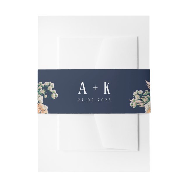 Elegant navy blue floral,  invitation belly band (Front Example)