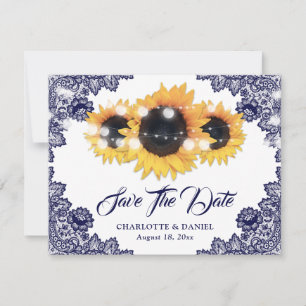 Elegant Navy Blue Floral Lace Sunflower Wedding Announcement
