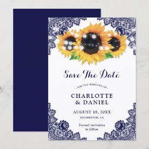 Elegant Navy Blue Floral Lace Sunflower Wedding Save The Date
