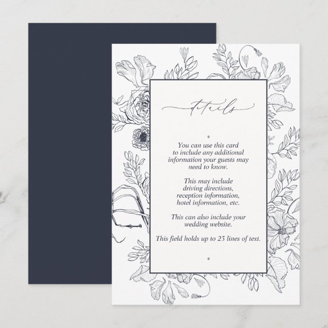 Elegant Navy Blue Floral Line Art Wedding Details Enclosure Card (Front/Back)