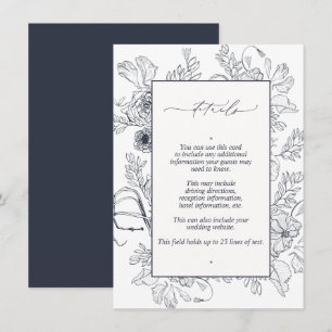 Elegant Navy Blue Floral Line Art Wedding Details Enclosure Card
