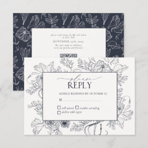 Elegant Navy Blue Floral Line Art Wedding RSVP Card