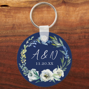 Elegant Navy Blue Floral Monogram Winter Wedding Key Ring