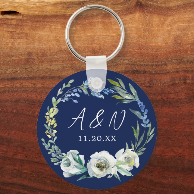 Elegant Navy Blue Floral Monogram Winter Wedding Key Ring (Front)