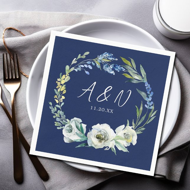 Elegant Navy Blue Floral Monogram Winter Wedding Napkin (Creator Uploaded)