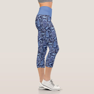 Elegant Navy Blue Floral Paisley Capri Leggings