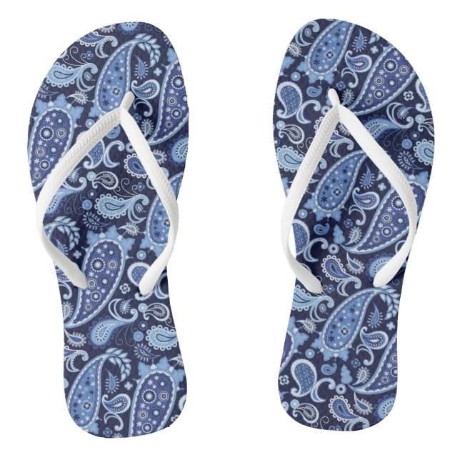 Elegant Navy Blue Floral Paisley Flip Flops (Footbed)