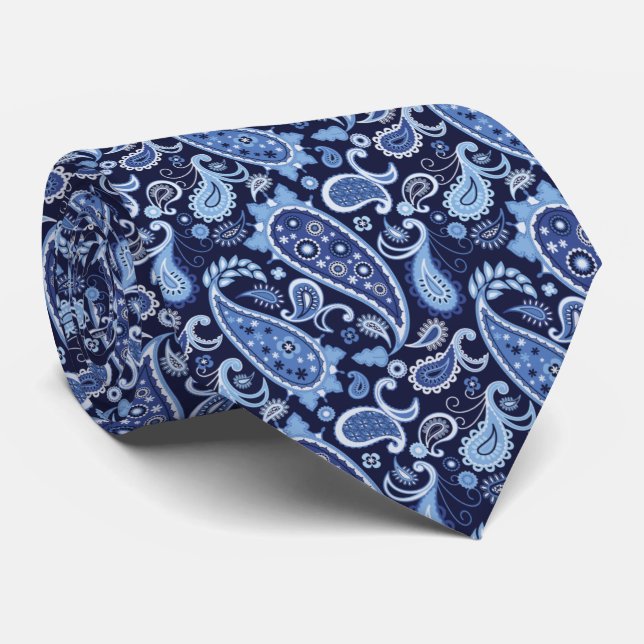 Elegant Navy Blue Floral Paisley Tie (Rolled)
