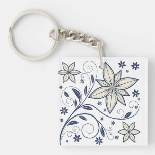 Elegant Navy Blue Floral Pattern    Key Ring