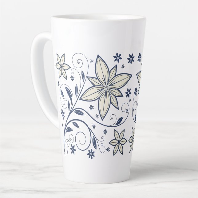 Elegant Navy Blue Floral Pattern |  Latte Mug (Left Angle)