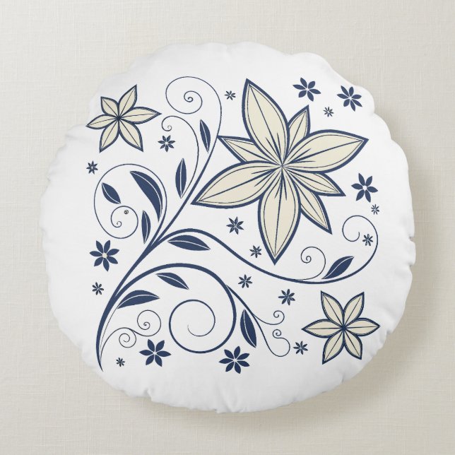 Elegant Navy Blue Floral Pattern |  Round Cushion (Front)
