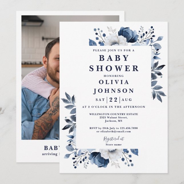 Elegant Navy Blue Floral Photo Baby Shower Invitation (Front/Back)