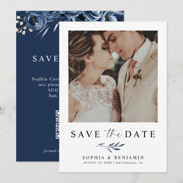 Elegant Navy Blue Floral Photo & QR Code Wedding  Save The Date (Front/Back)