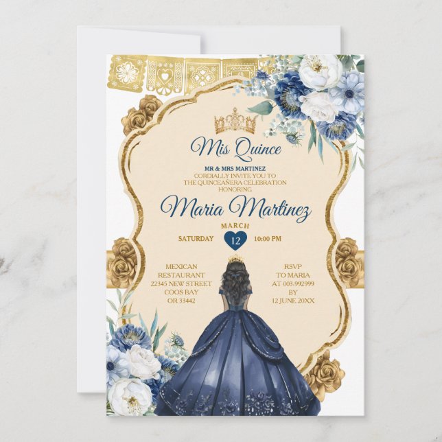 Elegant Navy Blue Floral Princess Quinceañera Invitation (Front)