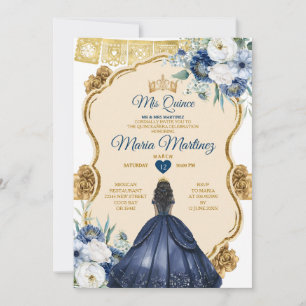 Elegant Navy Blue Floral Princess Quinceañera Invitation