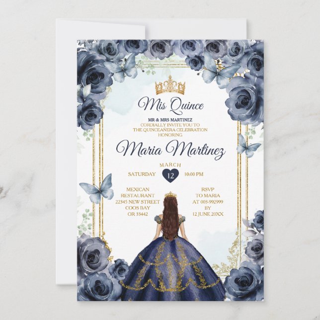 Elegant Navy Blue Floral Princess Quiñceanera Invitation (Front)